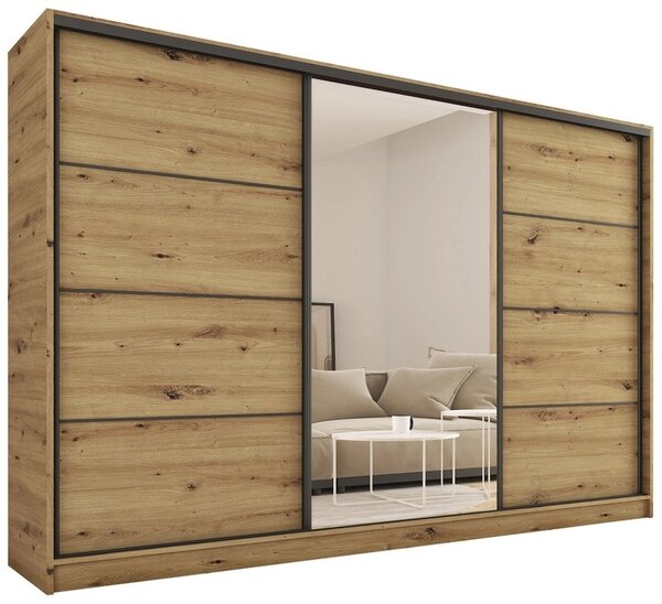 Šatní skříň HARAZIA 280 se zrcadlem, 4 šuplíky a 2 šatními tyčemi, dub artisan