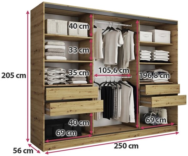 Šatní skříň HARAZIA 250 se zrcadlem, 4 šuplíky a 2 šatními tyčemi, dub artisan