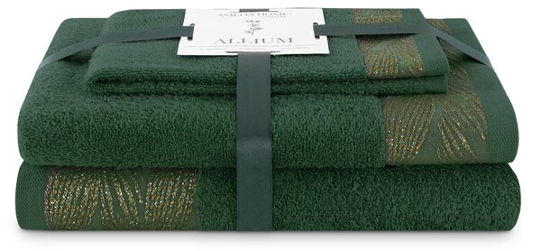Bavlněná sada ručníků se zlatou nití Tmavě zelená ELVERUM 3 ks
