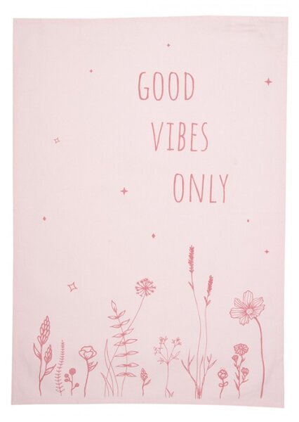 Růžová bavlněná utěrka s nápisem Good Vibes Only – 47x70 cm
