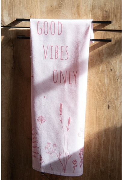Růžová bavlněná utěrka s nápisem Good Vibes Only – 47x70 cm