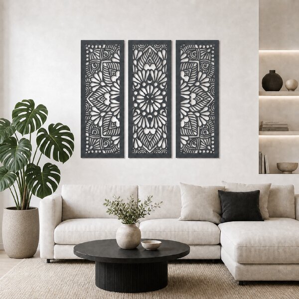 Dřevěná 3 dílná mandala QUADRO Zvolte barvu dekoru: Černá | Rozměry (cm): 72x60