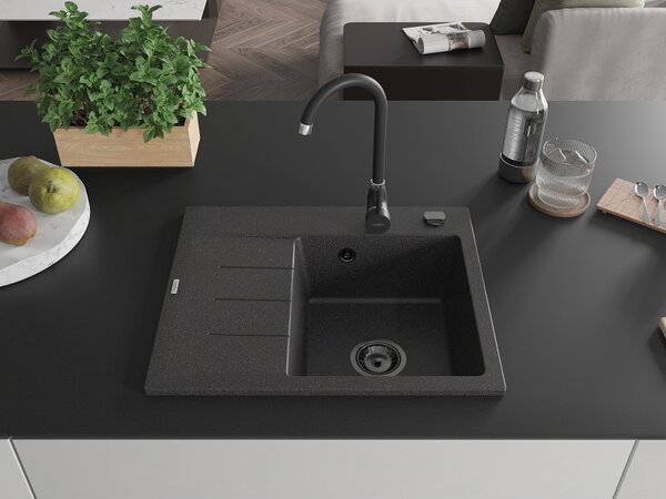 Mexen Ben, 1-komorový granitový dřez 600x500x190 mm, pravý + černý sifon, černá skvrnitá, 6523605000-76-B