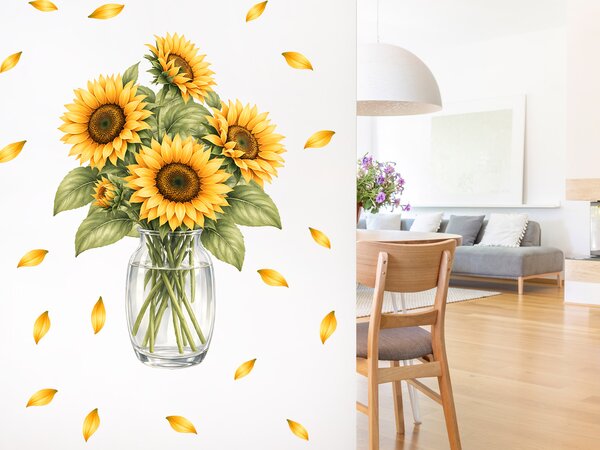 Slunečnice ve váze textilní přelepitelné samolepky na zeď arch 32 x 46 cm