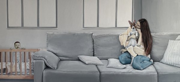 Ručně malovaný obraz od Samuel Chovanec - "Šedý gauč", rozměr: 154 x 74 cm