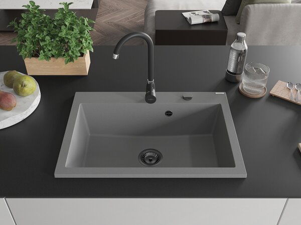 Mexen Elix, 1korový granitový dřez 700 x 500 mm, šedá, černý sifon, 6526701005-71-B