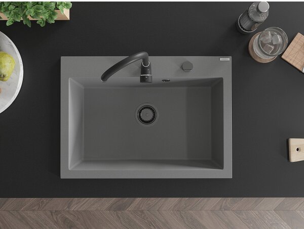 Mexen Elix, 1korový granitový dřez 700 x 500 mm, šedá, černý sifon, 6526701005-71-B