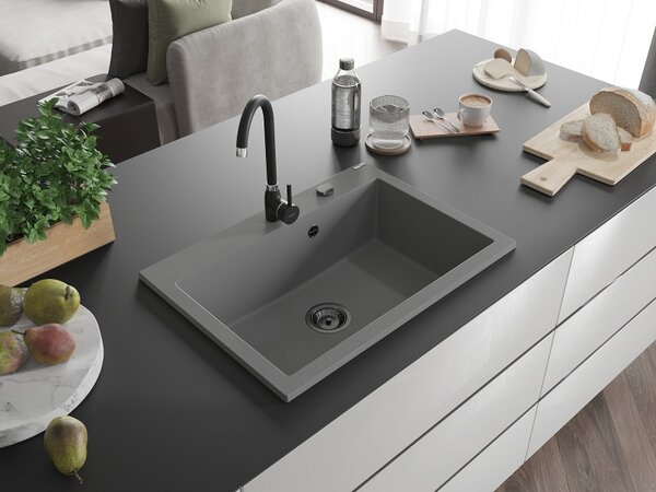 Mexen Elix, 1korový granitový dřez 700 x 500 mm, šedá, černý sifon, 6526701005-71-B