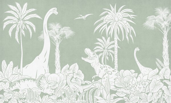 Tapeta dinosauři – Monochrome Dino Green | Fugu Materiál: Digitální eko vlies - klasická tapeta nesamolepicí