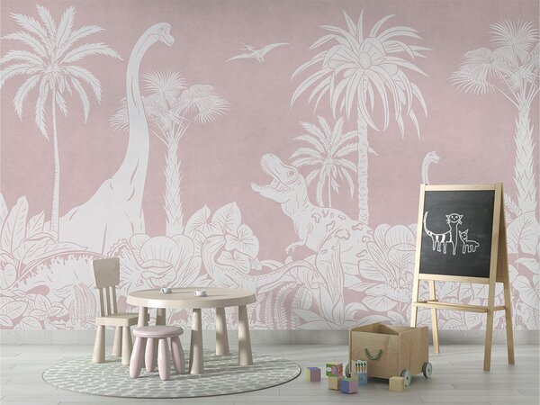 Tapeta s dinosaury – Monochrome Dino Pink | Fugu Materiál: Digitální eko vlies - klasická tapeta nesamolepicí
