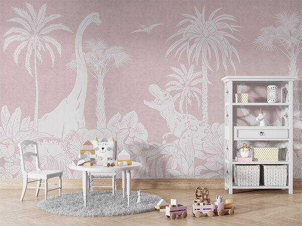 Tapeta s dinosaury – Monochrome Dino Pink | Fugu Materiál: Digitální eko vlies - klasická tapeta nesamolepicí
