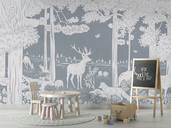 Dětská tapeta les – Monochrome Forest Blue | Fugu Materiál: Digitální eko vlies - klasická tapeta nesamolepicí