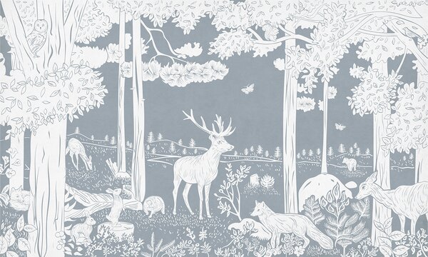 Dětská tapeta les – Monochrome Forest Blue | Fugu Materiál: Digitální eko vlies - klasická tapeta nesamolepicí