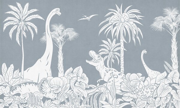 Dětská tapeta dinosauři – Monochrome Dino Blue | Fugu Materiál: Digitální eko vlies - klasická tapeta nesamolepicí