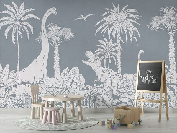 Dětská tapeta dinosauři – Monochrome Dino Blue | Fugu Materiál: Digitální eko vlies - klasická tapeta nesamolepicí