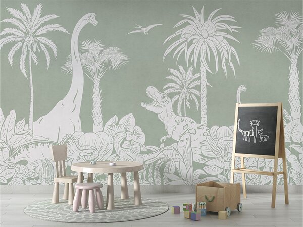 Tapeta dinosauři – Monochrome Dino Green | Fugu Materiál: Digitální eko vlies - klasická tapeta nesamolepicí