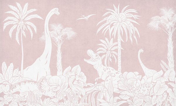 Tapeta s dinosaury – Monochrome Dino Pink | Fugu Materiál: Digitální eko vlies - klasická tapeta nesamolepicí
