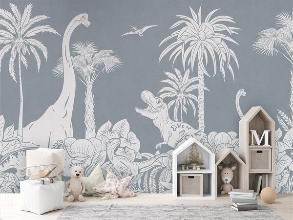Dětská tapeta dinosauři – Monochrome Dino Blue | Fugu Materiál: Digitální eko vlies - klasická tapeta nesamolepicí