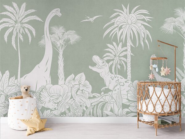 Tapeta dinosauři – Monochrome Dino Green | Fugu Materiál: Digitální eko vlies - klasická tapeta nesamolepicí