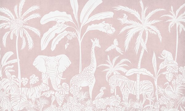 Tapeta džungle – Monochrome Jungle Pink | Fugu Materiál: Digitální eko vlies - klasická tapeta nesamolepicí