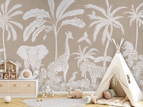 Tapeta džungle na zeď – Monochrome Jungle Brown | Fugu Materiál: Digitální eko vlies - klasická tapeta nesamolepicí