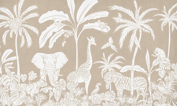 Tapeta džungle na zeď – Monochrome Jungle Brown | Fugu Materiál: Digitální eko vlies - klasická tapeta nesamolepicí