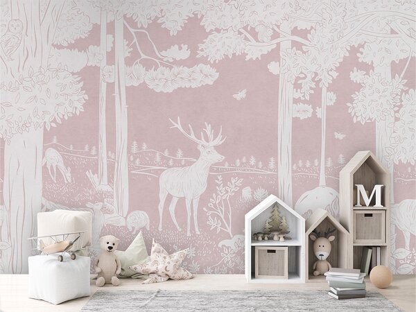 Tapeta lesní motiv – Monochrome Forest Pink | Fugu Materiál: Digitální eko vlies - klasická tapeta nesamolepicí