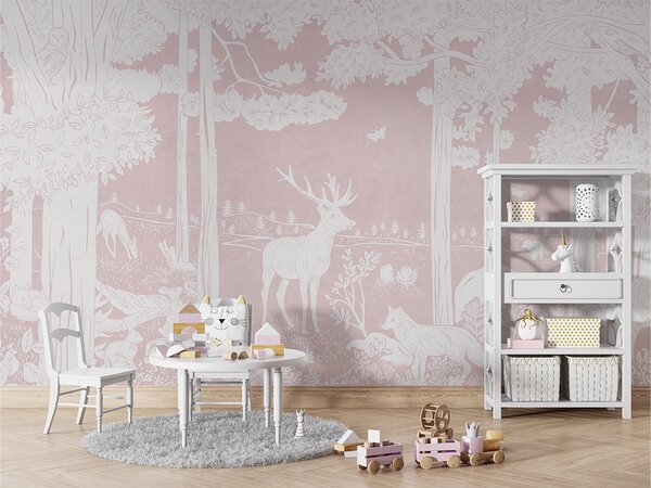 Tapeta lesní motiv – Monochrome Forest Pink | Fugu Materiál: Digitální eko vlies - klasická tapeta nesamolepicí