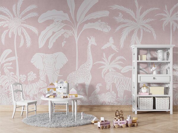 Tapeta džungle – Monochrome Jungle Pink | Fugu Materiál: Digitální eko vlies - klasická tapeta nesamolepicí