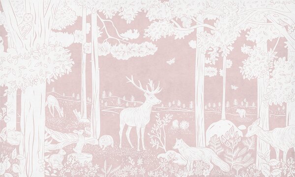 Tapeta lesní motiv – Monochrome Forest Pink | Fugu Materiál: Digitální eko vlies - klasická tapeta nesamolepicí