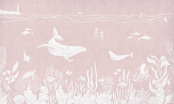 Dětská tapeta moře zvířata – růžová | Fugu Materiál: Digitální eko vlies - klasická tapeta nesamolepicí