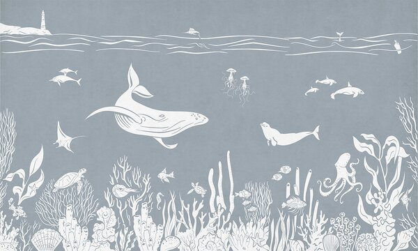 Dětská tapeta moře – Monochrome Sea Blue | Fugu Materiál: Digitální eko vlies - klasická tapeta nesamolepicí