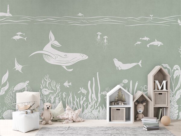 Tapeta podmořský svět – Monochrome Sea Green | Fugu Materiál: Digitální eko vlies - klasická tapeta nesamolepicí
