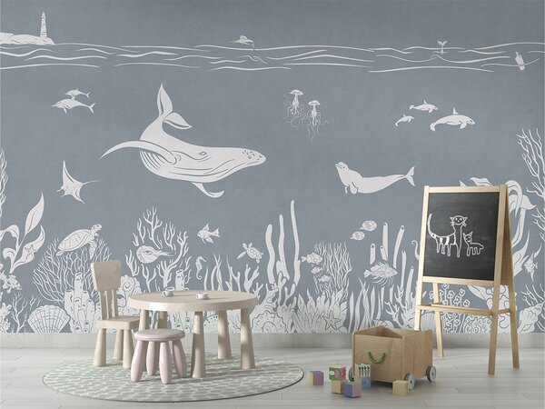 Dětská tapeta moře – Monochrome Sea Blue | Fugu Materiál: Digitální eko vlies - klasická tapeta nesamolepicí