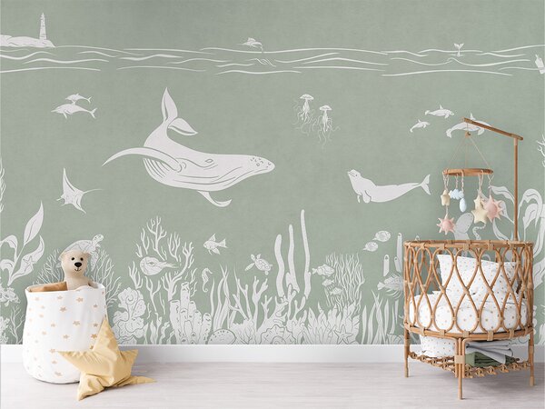 Tapeta podmořský svět – Monochrome Sea Green | Fugu Materiál: Digitální eko vlies - klasická tapeta nesamolepicí