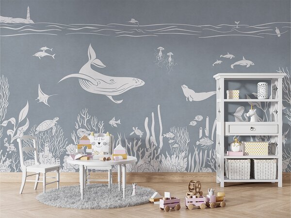 Dětská tapeta moře – Monochrome Sea Blue | Fugu Materiál: Digitální eko vlies - klasická tapeta nesamolepicí