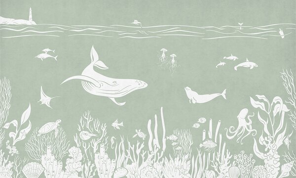 Tapeta podmořský svět – Monochrome Sea Green | Fugu Materiál: Digitální eko vlies - klasická tapeta nesamolepicí