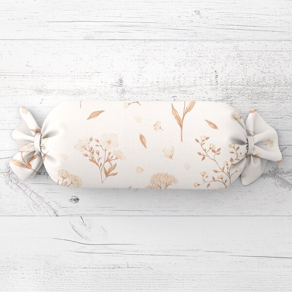 Biante Polštář válec bonbon Sandra SA-775 Smetanovo-hnědé jarní kvítí na bílém 15x40 cm