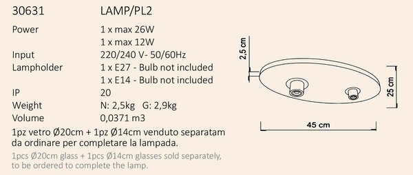 Sikrea Stropní svítidlo EMY, 1xE27 a 1xE14, š.45cm Barva skla: Transparentní, Barva montury: Černá