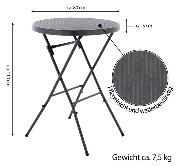 Zahradní barový stolek kulatý, ratanový, 110 cm, šedý