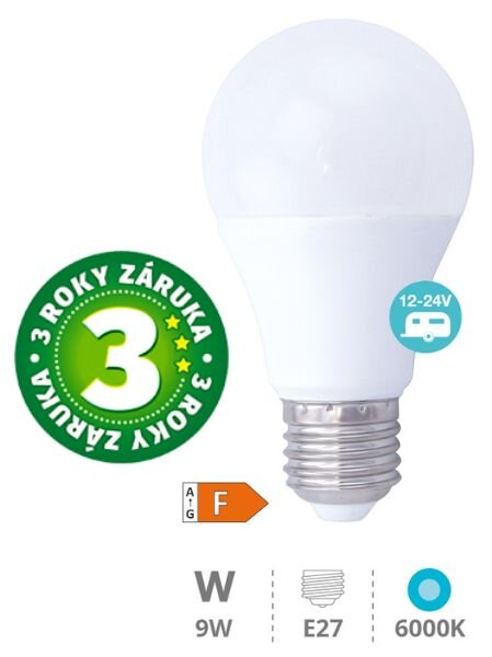 Prémiová LED žárovka E27 9W 924lm 12V-24V AC/DC, studená, ekvivalent 67W, 3 roky