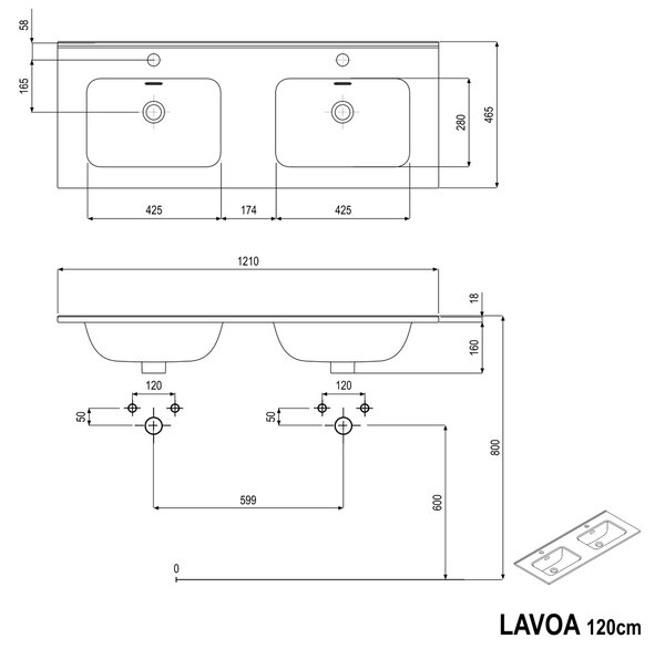 Koupelnová skříňka s dvojumyvadlem LAVOA 120 cm