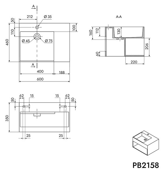 Nástěnné umyvadlo s policí PB2158 - konglomerát (solid stone)