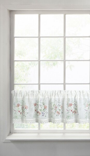 Eurofirany Bílá záclona na pásce SYLWIA s potiskem květin 150x30 cm