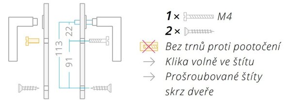 AC-T SERVIS Dveřní klika MONTE přírodní hliník - krátké hranaté štítové kování 72 mm Provedení štítu: Koule/klika - levá