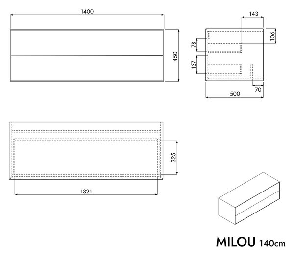 Koupelnová skříňka pod umyvadlo na desku MILOU 140 cm - 2 zásuvky - možnost volby barvy