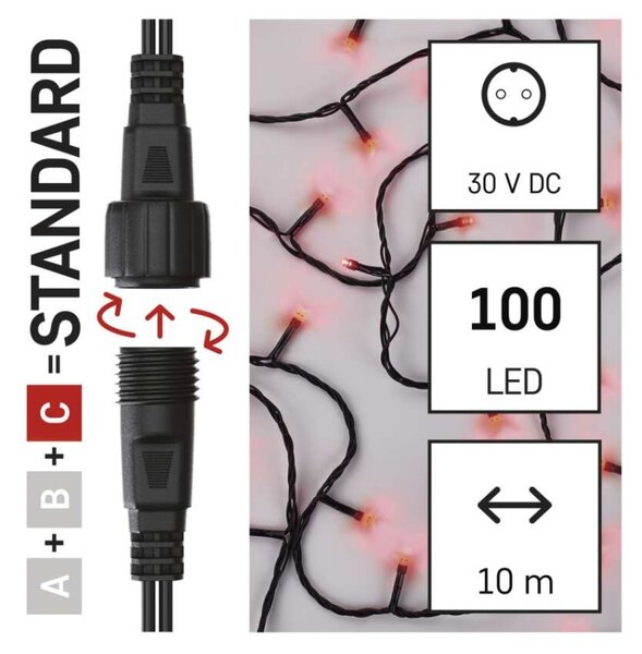 EMOS Standard LED spojovací vánoční řetěz, 10 m, venkovní i vnitřní, červená
