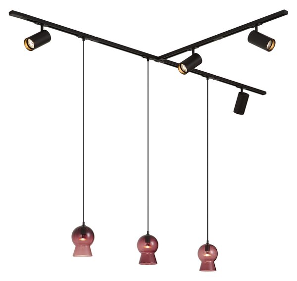Moderní černý kolejnicový systém se 4 bodovými světly a 3 fialovými závěsnými svítidly 1-fázový - Iconic Bell Jeana Luxe