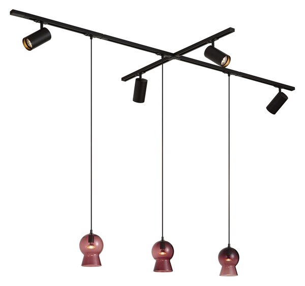 Moderní černý kolejnicový systém se 4 bodovými světly a 3 fialovými závěsnými svítidly 1-fázový - Iconic Bell Jeana Luxe