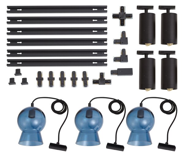 Modern Black Track System with 4 Spotlights and 3 Blue Pendant Lights 1-Phase - Iconic Bell Jeana Luxe